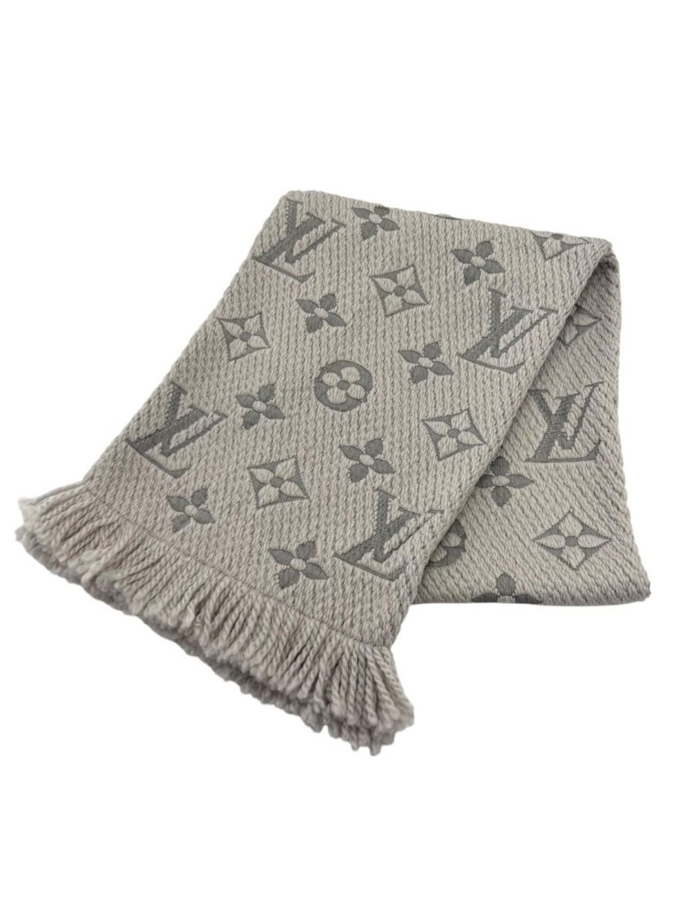 Louis Vuitton Logomania Scarf Wool Silk Blend Gray Perlee Fringe